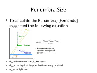 Penumbra Size
• To calculate the Penumbra, [Fernando]
suggested the following equation
• dBlocker – the result of the blocker search
• dReceiver – the depth of the pixel that is currently rendered
• wlight – the light size
 