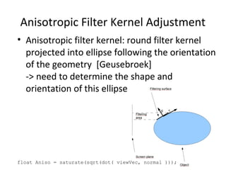 Anisotropic Filter Kernel Adjustment
• Anisotropic filter kernel: round filter kernel
projected into ellipse following the orientation
of the geometry [Geusebroek]
-> need to determine the shape and
orientation of this ellipse
float Aniso = saturate(sqrt(dot( viewVec, normal )));
 
