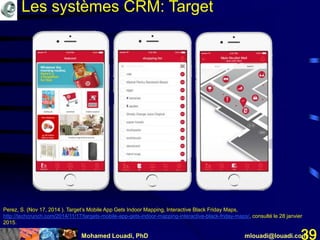 Mohamed Louadi, PhD mlouadi@louadi.com39
Perez, S. (Nov 17, 2014 ). Target’s Mobile App Gets Indoor Mapping, Interactive Black Friday Maps,
http://techcrunch.com/2014/11/17/targets-mobile-app-gets-indoor-mapping-interactive-black-friday-maps/, consulté le 28 janvier
2015.
Les systèmes CRM: Target
 