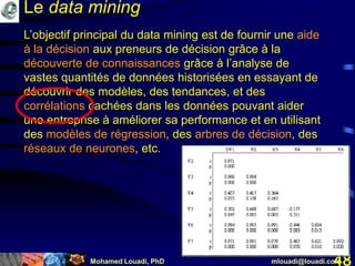 Mohamed Louadi, PhD mlouadi@louadi.com48
L’objectif principal du data mining est de fournir une aide
à la décision aux preneurs de décision grâce à la
découverte de connaissances grâce à l’analyse de
vastes quantités de données historisées en essayant de
découvrir des modèles, des tendances, et des
corrélations cachées dans les données pouvant aider
une entreprise à améliorer sa performance et en utilisant
des modèles de régression, des arbres de décision, des
réseaux de neurones, etc.
Le data mining
 