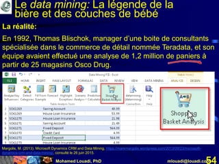Mohamed Louadi, PhD mlouadi@louadi.com54
La réalité:
En 1992, Thomas Blischok, manager d’une boite de consultants
spécialisée dans le commerce de détail nommée Teradata, et son
équipe avaient effectué une analyse de 1,2 million de paniers à
partir de 25 magasins Osco Drug.
Margolis, M. (2013). Microsoft Dynamics CRM and Data Mining, https://markmargolis.wordpress.com/2013/09/23/microsoft-
dynamics-crm-and-data-mining/, consulté le 26 juin 2015.
Le data mining: La légende de la
bière et des couches de bébé
 