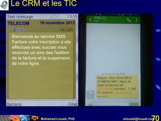 Mohamed Louadi, PhD mlouadi@louadi.com70
Bienvenue au service SMS
Facture votre inscription a ete
effectuee avec succes vous
recevrez un sms des l'edition
de la facture et la suspension
de votre ligne.
TELECOM 18 novembre 2013
Le CRM et les TIC
 