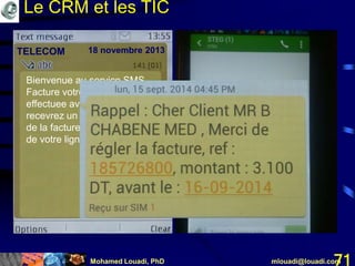 Mohamed Louadi, PhD mlouadi@louadi.com71
Bienvenue au service SMS
Facture votre inscription a ete
effectuee avec succes vous
recevrez un sms des l'edition
de la facture et la suspension
de votre ligne.
TELECOM 18 novembre 2013
Le CRM et les TIC
 