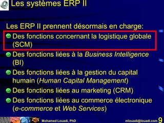 Mohamed Louadi, PhD mlouadi@louadi.com 9
Les ERP II prennent désormais en charge:
• Des fonctions concernant la logistique globale
(SCM)
• Des fonctions liées à la Business Intelligence
(BI)
• Des fonctions liées à la gestion du capital
humain (Human Capital Management)
• Des fonctions liées au marketing (CRM)
• Des fonctions liées au commerce électronique
(e-commerce et Web Services)
Les systèmes ERP II
 