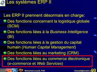 Mohamed Louadi, PhD mlouadi@louadi.com99
Les ERP II prennent désormais en charge:
• Des fonctions concernant la logistique globale
(SCM)
• Des fonctions liées à la Business Intelligence
(BI)
• Des fonctions liées à la gestion du capital
humain (Human Capital Management)
• Des fonctions liées au marketing (CRM)
• Des fonctions liées au commerce électronique
(e-commerce et Web Services)
Les systèmes ERP II
 