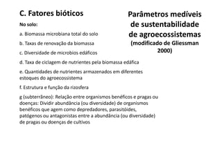 C. Fatores bióticos
No solo:
a. Biomassa microbiana total do solo
b. Taxas de renovação da biomassa
c. Diversidade de microbios edáficos
d. Taxa de ciclagem de nutrientes pela biomassa edáfica
e. Quantidades de nutrientes armazenados em diferentes
estoques do agroecossistema
Parâmetros medíveis
de sustentabilidade
de agroecossistemas
(modificado de Gliessman
2000)
estoques do agroecossistema
f. Estrutura e função da rizosfera
g (subterrãneo): Relação entre organismos benéficos e pragas ou
doenças: Dividir abundância (ou diversidade) de organismos
benéficos que agem como depredadores, parasitóides,
patógenos ou antagonistas entre a abundância (ou diversidade)
de pragas ou doenças de cultivos
 