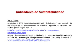 Indicadores de Sustentabilidade
Textos chaves:
Deponti et al. 2002. Estratégia para construção de indicadores para avaliação da
sustentabilidade e monitoramento de sistemas. Agroecol. e Desenvol. Rur.
Sustent. (Porto Alegre) 3:44-52
Sustent. (Porto Alegre) 3:44-52
http://wp.ufpel.edu.br/consagro/files/2010/11/DEPONTI-Cidonea-
Estrat%C3%A9gia-IS.pdf
Ortega, E (organizador) Engenharia ecológica e agricultura sustentável: Exemplos
de uso da metodologia energética-ecossistêmica. UNICAMP, Campinas-SP.
www.fea.unicamp.br/docentes/ortega/livro/index.htm
 