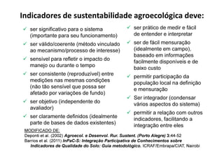 Indicadores de sustentabilidade agroecológica deve:
 ser significativo para o sistema
(importante para seu funcionamento)
 ser válido/coerente (método vinculado
ao mecanismo/processo de interesse)
 sensível para refletir o impacto do
manejo ou durante o tempo
 ser consistente (reproduzível) entre
medições nas mesmas condições
 ser prático de medir e fácil
de entender e interpretar
 ser de fácil mensuração
(idealmente em campo),
baseado em informações
facilmente disponíveis e de
baixo custo
 permitir participação da
medições nas mesmas condições
(não tão sensível que possa ser
afetado por variações de fundo)
 ser objetivo (independente do
avaliador)
 ser claramente definidos (idealmente
parte de bases de dados existentes)
MODIFICADO DE:
MODIFICADO DE:
Deponti
Deponti et al. (2002)
et al. (2002) Agroecol
Agroecol. e
. e Desenvol
Desenvol. Rur.
. Rur. Sustent
Sustent. (Porto Alegre)
. (Porto Alegre) 3:
3:44
44-
-52
52
Barrios et al.
Barrios et al. (2011
(2011)
) InPaC
InPaC-
-S
S: Integração Participativa de Conhecimentos sobre
: Integração Participativa de Conhecimentos sobre
Indicadores de Qualidade do Solo: Guia
Indicadores de Qualidade do Solo: Guia metodológico.
metodológico. ICRAF/Embrapa/CIAT,
ICRAF/Embrapa/CIAT, Nairobi
Nairobi
 permitir participação da
população local na definição
e mensuração
 Ser integrador (condensar
vários aspectos do sistema)
 permitir a relação com outros
indicadores, facilitando a
integração entre eles
 