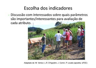 Escolha dos indicadores
 Discussão com interessados sobre quais parâmetros
são importantes/interessantes para avaliação de
cada atributo.
Adaptado
Adaptado de: M.
de: M. Venturi
Venturi, L.R.
, L.R. D’Agostini
D’Agostini, J.
, J. Comin
Comin, P.
, P. Lovato
Lovato (
(apostila
apostila, UFSC)
, UFSC)
 