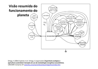 Visão resumida do
funcionamento do
planeta
Ortega, E (2002) Capítulo 2 em: Ortega, E (organizador) Engenharia ecológica e
agricultura sustentável: Exemplos de uso da metodologia energética-ecossistêmica.
UNICAMP, Campinas-SP. www.fea.unicamp.br/docentes/ortega/livro/index.htm
 