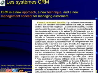 Mohamed Louadi, PhD mlouadi@louadi.com30
CRM is a new approach, a new technique, and a new
management concept for managing customers.
Source: D8 - Roadmap for Digital Business BRIDGE Consortium, 2002.
Les systèmes CRM
Sebag, Paul (1998). Tunis Histoire d'une ville, Editions L'Harmattan, p. 383.
 