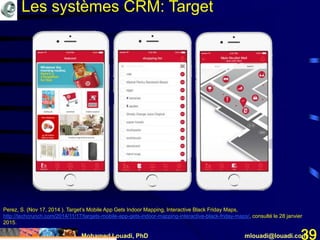 Mohamed Louadi, PhD mlouadi@louadi.com39
Perez, S. (Nov 17, 2014 ). Target’s Mobile App Gets Indoor Mapping, Interactive Black Friday Maps,
http://techcrunch.com/2014/11/17/targets-mobile-app-gets-indoor-mapping-interactive-black-friday-maps/, consulté le 28 janvier
2015.
Les systèmes CRM: Target
 