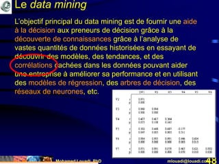Mohamed Louadi, PhD mlouadi@louadi.com48
L’objectif principal du data mining est de fournir une aide
à la décision aux preneurs de décision grâce à la
découverte de connaissances grâce à l’analyse de
vastes quantités de données historisées en essayant de
découvrir des modèles, des tendances, et des
corrélations cachées dans les données pouvant aider
une entreprise à améliorer sa performance et en utilisant
des modèles de régression, des arbres de décision, des
réseaux de neurones, etc.
Le data mining
 