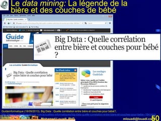 Mohamed Louadi, PhD mlouadi@louadi.com50
Guideinformatique (18/09/2013). Big Data : Quelle corrélation entre bière et couches pour bébé?,
http://www.guideinformatique.com/actualites-informatiques/big-data-quelle-correlation-entre-biere-et-couches-pour-bebe--164.html,
consulté le 10 juin 2014.
Le data mining: La légende de la
bière et des couches de bébé
 