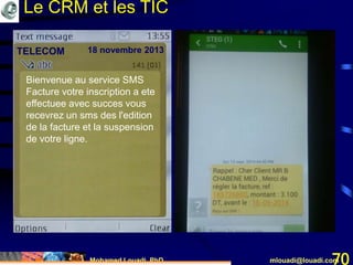 Mohamed Louadi, PhD mlouadi@louadi.com70
Bienvenue au service SMS
Facture votre inscription a ete
effectuee avec succes vous
recevrez un sms des l'edition
de la facture et la suspension
de votre ligne.
TELECOM 18 novembre 2013
Le CRM et les TIC
 