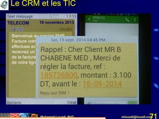 Mohamed Louadi, PhD mlouadi@louadi.com71
Bienvenue au service SMS
Facture votre inscription a ete
effectuee avec succes vous
recevrez un sms des l'edition
de la facture et la suspension
de votre ligne.
TELECOM 18 novembre 2013
Le CRM et les TIC
 