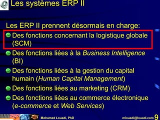 Mohamed Louadi, PhD mlouadi@louadi.com 9
Les ERP II prennent désormais en charge:
• Des fonctions concernant la logistique globale
(SCM)
• Des fonctions liées à la Business Intelligence
(BI)
• Des fonctions liées à la gestion du capital
humain (Human Capital Management)
• Des fonctions liées au marketing (CRM)
• Des fonctions liées au commerce électronique
(e-commerce et Web Services)
Les systèmes ERP II
 
