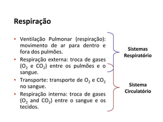 Respiração
• Ventilação Pulmonar (respiração):
movimento de ar para dentro e
fora dos pulmões.
• Respiração externa: troca de gases
(O2 e CO2) entre os pulmões e o
sangue.
• Transporte: transporte de O2 e CO2
no sangue.
• Respiração interna: troca de gases
(O2 and CO2) entre o sangue e os
tecidos.
Sistemas
Respiratório
Sistema
Circulatório
 