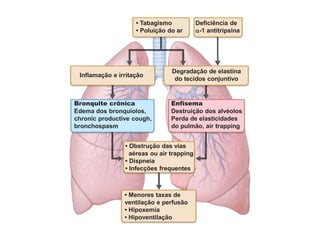 • Tabagismo
• Poluição do ar
• Obstrução das vias
aéreas ou air trapping
• Dispneia
• Infecções frequentes
• Menores taxas de
ventilação e perfusão
• Hipoxemia
• Hipoventilação
Deficiência de
a-1 antitripsina
Inflamação e irritação
Degradação de elastina
do tecidos conjuntivo
Bronquite crônica
Edema dos bronquíolos,
chronic productive cough,
bronchospasm
Enfisema
Destruição dos alvéolos
Perda de elasticidades
do pulmão, air trapping
 