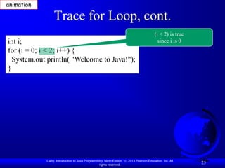 animation

                 Trace for Loop, cont.
                                                                                          (i < 2) is true
int i;                                                                                      since i is 0
for (i = 0; i < 2; i++) {
  System.out.println( "Welcome to Java!");
}




            Liang, Introduction to Java Programming, Ninth Edition, (c) 2013 Pearson Education, Inc. All
                                                 rights reserved.
                                                                                                            25
 