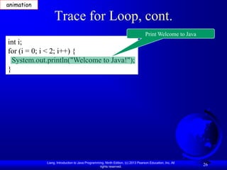 animation

                 Trace for Loop, cont.
                                                                                  Print Welcome to Java
int i;
for (i = 0; i < 2; i++) {
  System.out.println("Welcome to Java!");
}




            Liang, Introduction to Java Programming, Ninth Edition, (c) 2013 Pearson Education, Inc. All
                                                 rights reserved.
                                                                                                           26
 