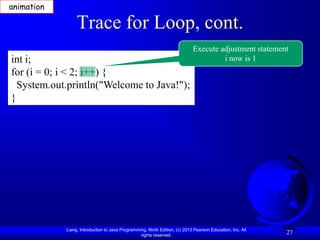 animation

                 Trace for Loop, cont.
                                                                            Execute adjustment statement
int i;                                                                               i now is 1
for (i = 0; i < 2; i++) {
  System.out.println("Welcome to Java!");
}




            Liang, Introduction to Java Programming, Ninth Edition, (c) 2013 Pearson Education, Inc. All
                                                 rights reserved.
                                                                                                           27
 