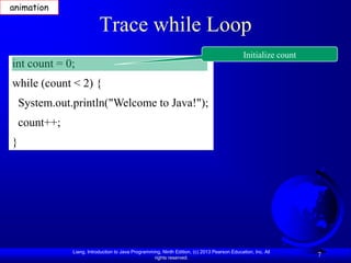 animation

                           Trace while Loop
                                                                                              Initialize count
int count = 0;
while (count < 2) {
    System.out.println("Welcome to Java!");
    count++;
}




               Liang, Introduction to Java Programming, Ninth Edition, (c) 2013 Pearson Education, Inc. All
                                                    rights reserved.
                                                                                                                 7
 
