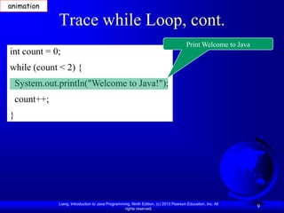 animation

               Trace while Loop, cont.
                                                                                        Print Welcome to Java
int count = 0;
while (count < 2) {
    System.out.println("Welcome to Java!");
    count++;
}




               Liang, Introduction to Java Programming, Ninth Edition, (c) 2013 Pearson Education, Inc. All
                                                    rights reserved.
                                                                                                                9
 