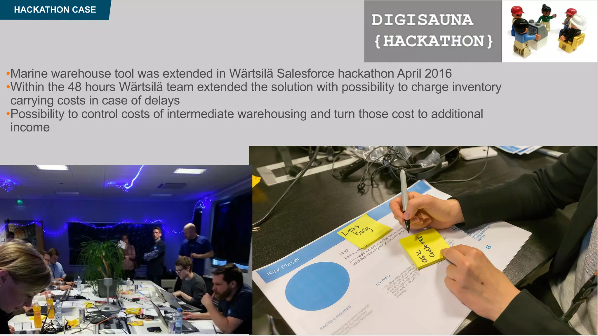 © Wärtsilä
HACKATHON CASE
•Marine warehouse tool was extended in Wärtsilä Salesforce hackathon April 2016
•Within the 48 hours Wärtsilä team extended the solution with possibility to charge inventory
carrying costs in case of delays
•Possibility to control costs of intermediate warehousing and turn those cost to additional
income
21.3.2016 Customer Operations team14
 