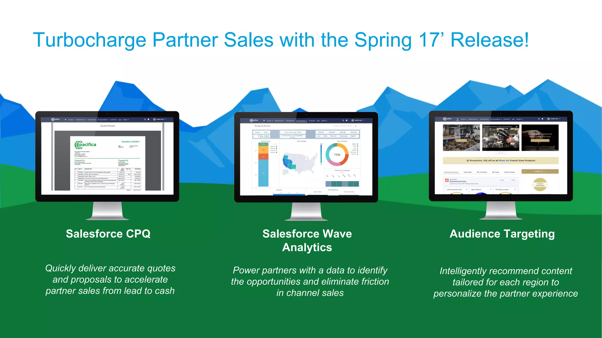 Turbocharge Partner Sales with the Spring 17’ Release!
Salesforce CPQ Salesforce Wave
Analytics
Audience Targeting
Quickly deliver accurate quotes
and proposals to accelerate
partner sales from lead to cash
Power partners with a data to identify
the opportunities and eliminate friction
in channel sales
Intelligently recommend content
tailored for each region to
personalize the partner experience
 
