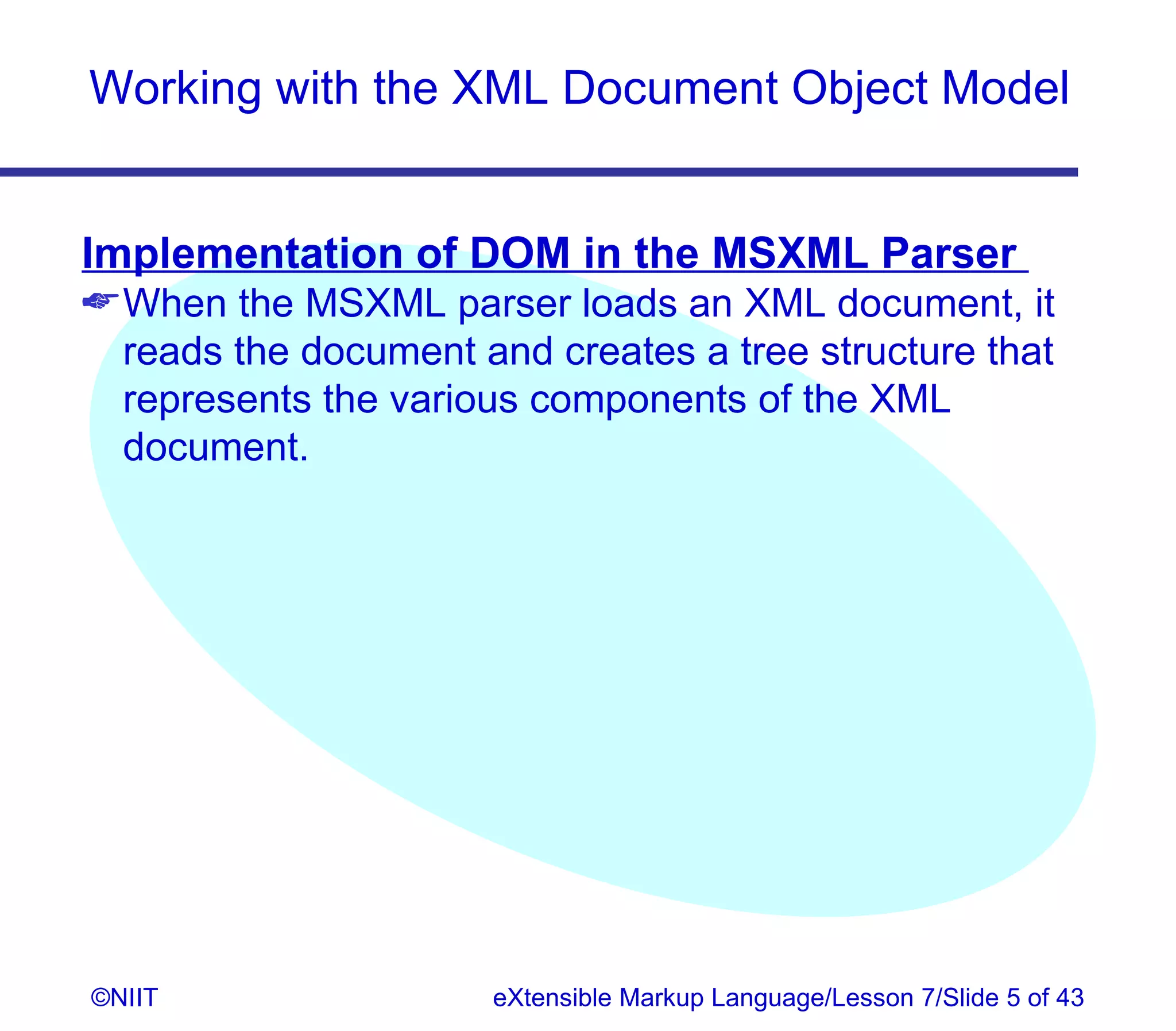 Working with the XML Document Object Model


Implementation of DOM in the MSXML Parser
 When the MSXML parser loads an XML document, it
  reads the document and creates a tree structure that
  represents the various components of the XML
  document.




©NIIT                 eXtensible Markup Language/Lesson 7/Slide 5 of 43
 