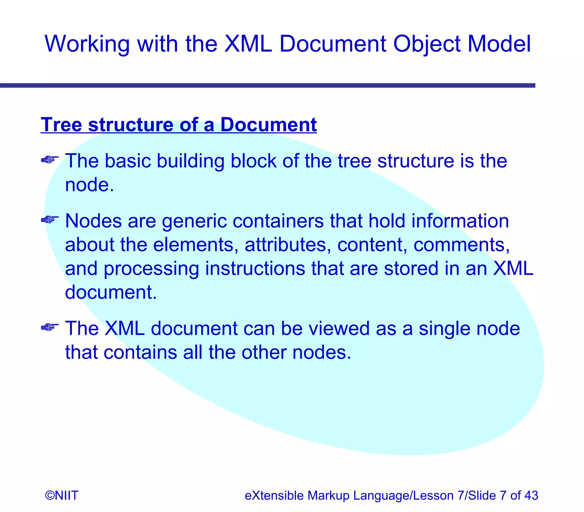 Working with the XML Document Object Model


Tree structure of a Document
 The basic building block of the tree structure is the
  node.
 Nodes are generic containers that hold information
  about the elements, attributes, content, comments,
  and processing instructions that are stored in an XML
  document.
 The XML document can be viewed as a single node
  that contains all the other nodes.




©NIIT                   eXtensible Markup Language/Lesson 7/Slide 7 of 43
 