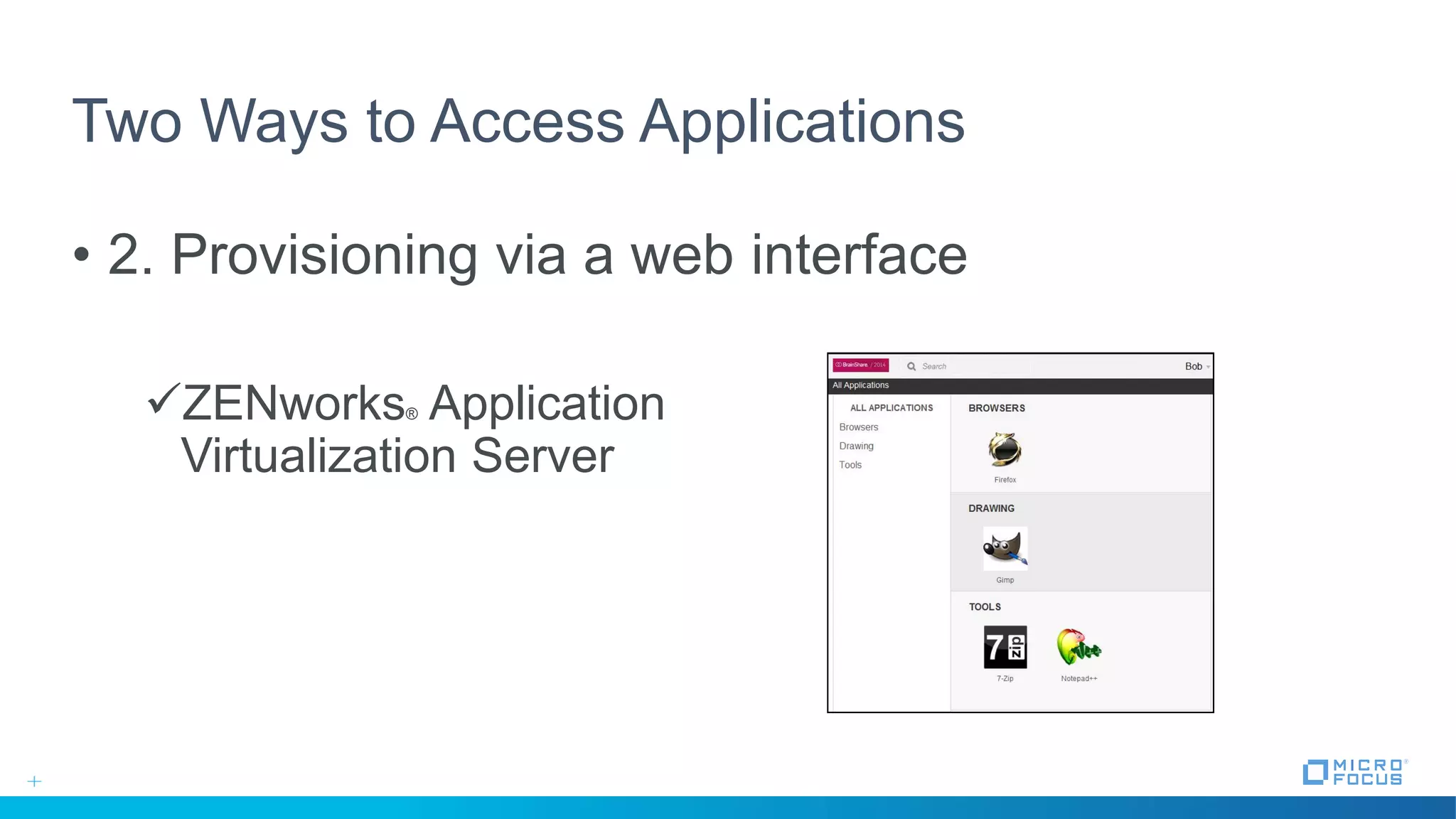 Two Ways to Access Applications
• 2. Provisioning via a web interface
ZENworks® Application
Virtualization Server
 