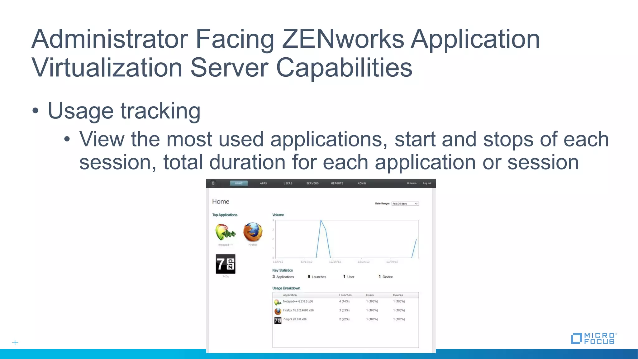 Administrator Facing ZENworks Application
Virtualization Server Capabilities
• Usage tracking
• View the most used applications, start and stops of each
session, total duration for each application or session
 