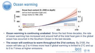 Meters
1950 2000 2050 2100
1021Joules
Ocean warming
• Ocean warming is continuing unabated. Since the last three decades, the rate
of ocean warming has increased and around half of the total heat gain in the global
ocean has occurred in the Southern Ocean in the last decade.
• The ocean will continue to warm throughout the 21st century. By 2100, the
ocean will take up 2 to 4 times more heat if global warming is limited to 2°C and up
to 5 to 7 times at higher emissions.
 