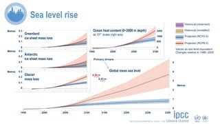 Primary drivers
Sea level rise
1950 2000 2050 2100
0.3
0.2
Antarctic
ice sheet mass loss
2150 2200 2250 2300
Greenland
ice sheet mass loss
Glacier
mass loss
0.1
0
0.3
0.2
0.1
0
0.3
0.2
0.1
0
Ocean heat content (0−2000 m depth)
as 1021 Joules (right axis)
Metres
Metres
Metres
2400
1600
800
0
1950 2000 2050 2100
0.84 m
0.43 m
Global mean sea level
Metres
5
4
3
2
1
0
Values as sea level equivalent
Changes relative to 1986–2005
Historical (observed)
Historical (modelled)
Projected (RCP2.6)
Projected (RCP8.5)
 