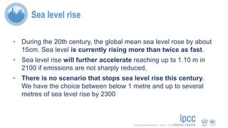 Sea level rise
• During the 20th century, the global mean sea level rose by about
15cm. Sea level is currently rising more than twice as fast.
• Sea level rise will further accelerate reaching up to 1.10 m in
2100 if emissions are not sharply reduced.
• There is no scenario that stops sea level rise this century.
We have the choice between below 1 metre and up to several
metres of sea level rise by 2300
 