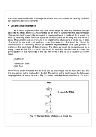 stack then we can’t be able to change the size of array to increase its capacity, so that it
can accommodate new elements.
Dynamic implementation
As in static implementation, we have used arrays to store the elements that get
added to the stack. However, implemented as an array it suffers from the basic limitation
of array-that its size cannot be increased or decreased one it is declared. As a result, one
ends up reserving either too much space or too less space for an array and in turn for a
stack. This problem can be overcome if we implement a stack using a linked list. In case
of a linked list we shall push and pop nodes from one end of a linked list. Linked list
representation is commonly known as Dynamic implementation and uses pointers to
implement the stack type of data structure. The stack as linked list is represented as a
singly connected list. Each node in the linked list contains the data and a pointer that
gives location of the next node in the list. The node in the list is a structure as shown
below :
struct node
{
<data type> data;
node *link;
};
where <data type> indicates that the data can be of any type like int, float, char etc, and
link, is a pointer to the next node in the list. The pointer to the beginning of the list serves
the purpose of the top of the stack. Fig. (1) shows the linked list representation of a stack
Top
23
N stands for NULL
-16
11
10 N
Fig. (1) Representation of stack as a linked list.
 