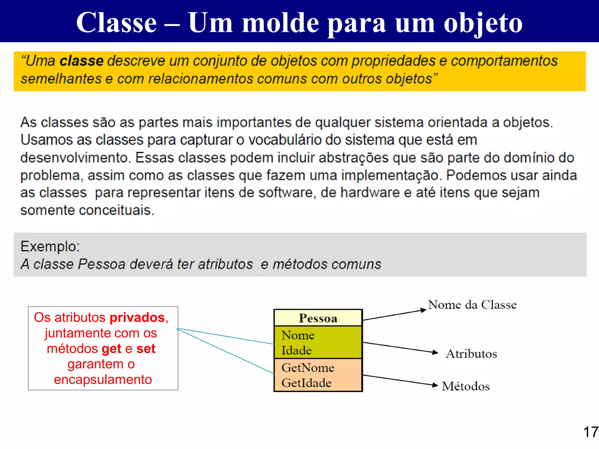 Classe – Um molde para um objeto
17
Os atributos privados,
juntamente com os
métodos get e set
garantem o
encapsulamento
 