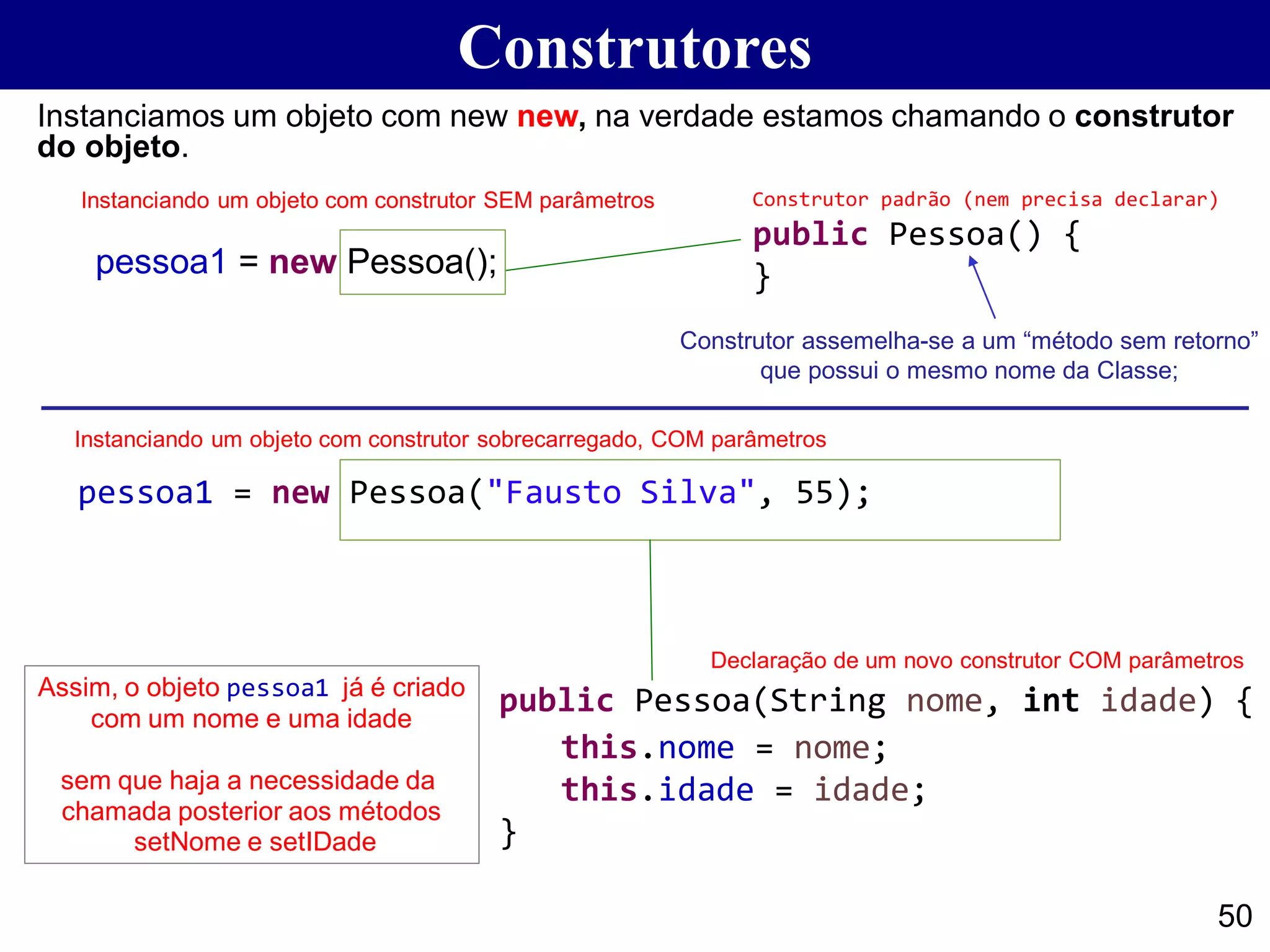 Construtores
50
Instanciamos um objeto com new new, na verdade estamos chamando o construtor
do objeto.
pessoa1 = new Pessoa();
Instanciando um objeto com construtor SEM parâmetros Construtor padrão (nem precisa declarar)
public Pessoa() {
}
pessoa1 = new Pessoa("Fausto Silva", 55);
Instanciando um objeto com construtor sobrecarregado, COM parâmetros
public Pessoa(String nome, int idade) {
this.nome = nome;
this.idade = idade;
}
Declaração de um novo construtor COM parâmetros
Assim, o objeto pessoa1 já é criado
com um nome e uma idade
sem que haja a necessidade da
chamada posterior aos métodos
setNome e setIDade
Construtor assemelha-se a um “método sem retorno”
que possui o mesmo nome da Classe;
 
