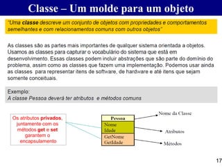 Classe – Um molde para um objeto
17
Os atributos privados,
juntamente com os
métodos get e set
garantem o
encapsulamento
 