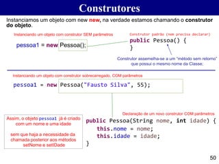 Construtores
50
Instanciamos um objeto com new new, na verdade estamos chamando o construtor
do objeto.
pessoa1 = new Pessoa();
Instanciando um objeto com construtor SEM parâmetros Construtor padrão (nem precisa declarar)
public Pessoa() {
}
pessoa1 = new Pessoa("Fausto Silva", 55);
Instanciando um objeto com construtor sobrecarregado, COM parâmetros
public Pessoa(String nome, int idade) {
this.nome = nome;
this.idade = idade;
}
Declaração de um novo construtor COM parâmetros
Assim, o objeto pessoa1 já é criado
com um nome e uma idade
sem que haja a necessidade da
chamada posterior aos métodos
setNome e setIDade
Construtor assemelha-se a um “método sem retorno”
que possui o mesmo nome da Classe;
 