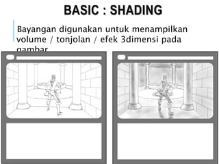BASIC : SHADING
Bayangan digunakan untuk menampilkan
volume / tonjolan / efek 3dimensi pada
gambar.
 