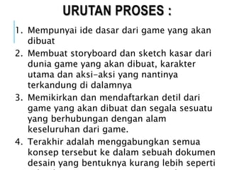 URUTAN PROSES :
1. Mempunyai ide dasar dari game yang akan
dibuat
2. Membuat storyboard dan sketch kasar dari
dunia game yang akan dibuat, karakter
utama dan aksi-aksi yang nantinya
terkandung di dalamnya
3. Memikirkan dan mendaftarkan detil dari
game yang akan dibuat dan segala sesuatu
yang berhubungan dengan alam
keseluruhan dari game.
4. Terakhir adalah menggabungkan semua
konsep tersebut ke dalam sebuah dokumen
desain yang bentuknya kurang lebih seperti
 