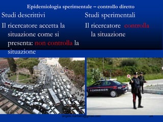 24angelo.barbato@gmail.com
Epidemiologia sperimentale – controllo diretto
Studi descrittivi
Il ricercatore accetta la
situazione come si
presenta: non controlla la
situazione
Studi sperimentali
Il ricercatore controlla
la situazione
 