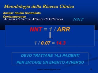 55angelo.barbato@gmail.com
NNT = 1 / ARR
1 / 0.07 = 14.3
DEVO TRATTARE 14,3 PAZIENTI
PER EVITARE UN EVENTO AVVERSO
Metodologia della Ricerca Clinica
NNTAnalisi statistica: Misure di Efficacia
Analisi: Studio Controllato
Contemporaneo
 