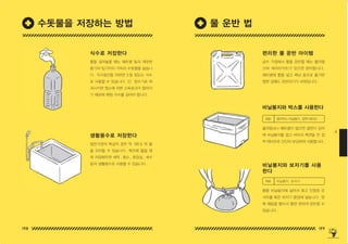 198 199
4
편리한 물 운반 아이템
비닐봉지와 박스를 사용한다
비닐봉지와 보자기를 사용
한다
급수 거점에서 물을 운반할 때는 폴리탱
크와 캐리어카트가 있으면 편리합니다 .
페트병에 물을 넣고 배낭 등으로 옮기면
험한 길에도 운반하기가 쉬워집니다 .
폴리탱크나 페트병이 없으면 골판지 상자
에 비닐봉지를 깔고 바닥과 측면을 천 접
착 테이프로 단단히 보강하여 사용합니다 .
물을 비닐봉지에 넣어서 묶고 인접된 모
서리를 묶은 보자기 중앙에 넣습니다 . 양
쪽 매듭을 둘이서 들면 편하게 운반할 수
있습니다 .
재료 종이박스 비닐봉지 , 접착 테이프
재료 비닐봉지 , 보자기
식수로 저장한다
생활용수로 저장한다
물을 길어놓을 때는 페트병 등의 깨끗한
용기의 입가까지 가득히 수돗물을 넣습니
다 . 직사광선을 피하면 3 일 정도는 식수
로 사용할 수 있습니다 . 단 , 정수기로 여
과시키면 염소에 의한 소독효과가 없어지
기 때문에 매일 식수를 길어야 합니다 .
일반가정의 욕실의 경우 약 180 ℓ의 물
을 모아둘 수 있습니다 . 욕조에 물을 채
워 저장해두면 세탁 , 청소 , 화장실 , 세수
등의 생활용수로 사용할 수 있습니다 .
물 운반 법
수돗물을 저장하는 방법
150625_4-co.indd 198-199
150625_4-co.indd 198-199 2015-08-29 오후 8:02:05
2015-08-29 오후 8:02:05
 