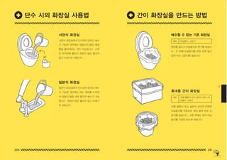 200 201
4
배수할 수 없는 기존 화장실
휴대용 간이 화장실
변좌를 올리고 비닐봉지로 변기를 덮습니
다 . 두 번째 비닐봉지를 변좌 위에 덮고
잘게 부순 신문지를 넣습니다 .
대형 물통이 또는 골판지 상자의 안쪽에
비닐봉지를 이중으로 씌워 잘게 부순 신
문지를 넣습니다 . 사용 후에는 위의 비닐
봉지를 지정된 장소에 버립니다
재료 비닐봉지 , 신문지
재료 대형 물통이 ( 또는 골판지 상자 ), 비
닐봉지 , 신문지
서양식 화장실
일본식 화장실
서양식 화장실에서 단수되어 있어도 배수
가 가능한 경우에는 양동이의 물로 배설
물을 흘려내리는 것이 가능합니다 . 소변
은 한꺼번에 흘리고 화장지 등은 흘리지
않고 쓰레기로 버립니다 .
일본식 화장실에서 단수되어 있어도 배수
가 가능한 경우에는 배수 레버를 누르면
서 양동이 물을 세게 흘리면 배수가 가능
합니다 . 화장지 등은 흘리지 않고 쓰레기
로 버립니다 .
간이 화장실을 만드는 방법
단수 시의 화장실 사용법
150625_4-co.indd 200-201
150625_4-co.indd 200-201 2015-08-29 오후 8:02:10
2015-08-29 오후 8:02:10
 