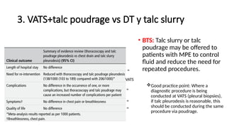 3. VATS+talc poudrage vs DT y talc slurry
• BTS: Talc slurry or talc
poudrage may be offered to
patients with MPE to control
fluid and reduce the need for
repeated procedures.
Good practice point: Where a
diagnostic procedure is being
conducted at VATS (pleural biopsies),
if talc pleurodesis is reasonable, this
should be conducted during the same
procedure via poudrage.
VATS
=
=
=
=
 