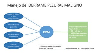 Manejo del DERRAME PLEURAL MALIGNO
DPM
PULMON “libre”
o “no-
reexpandible”
Pronóstico del
paciente
Paciente y sus
preferencias
Entorno
Paciente-sanitario
Toracocentesis repetidas
Pleurodesis:
- DT + talc slurry
- VATS + talc poudrage
Drenaje tunelizado +/-
talc slurry
¿Existe una opción de manejo
definitiva “correcta”? Probablemente, NO (una opción única).
 